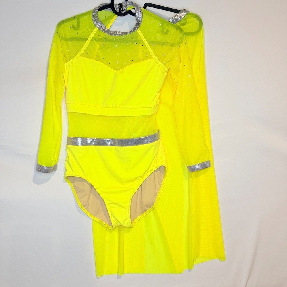 Double Platinum Size Medium Neon Yellow Rhinestone Leo and Skirt Dance Costume - Picture 2 of 10